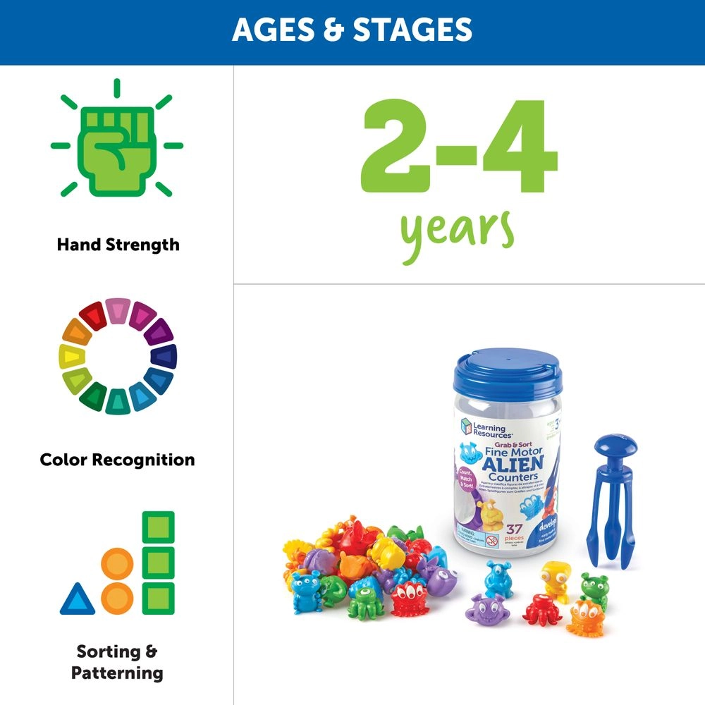 Grab & Sort Fine Motor Alien Counters - Suitable for 3 years and above 37 Pcs