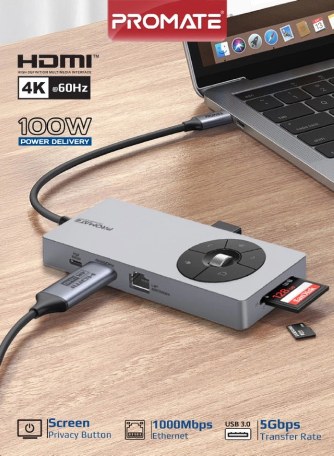 Promate ComandHub-Pro - 14-in-1 100W Power Delivery 4K@60Hz HDMI