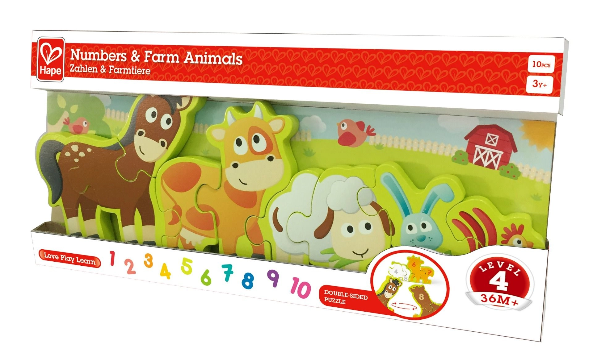 Double Sided Numbers And Farm Animal Wooden Jigsaw Puzzle - 3 + 10 pieces