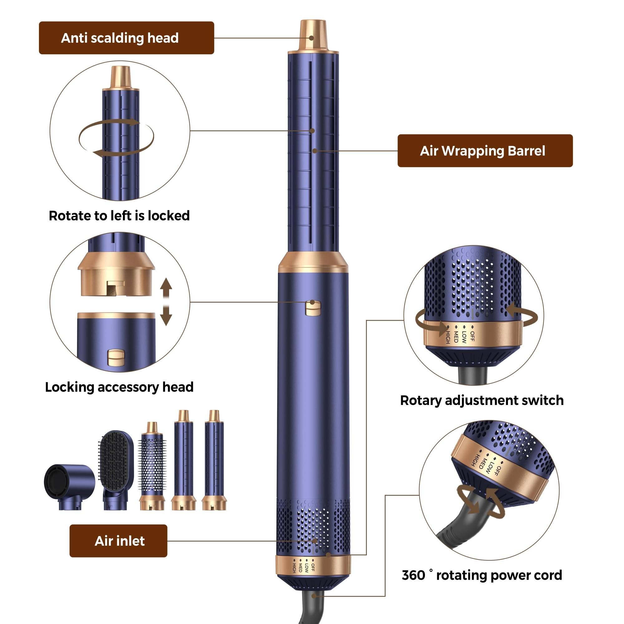 5 in 1 Blow Dryer Brush - 800 watts Royal Blue
