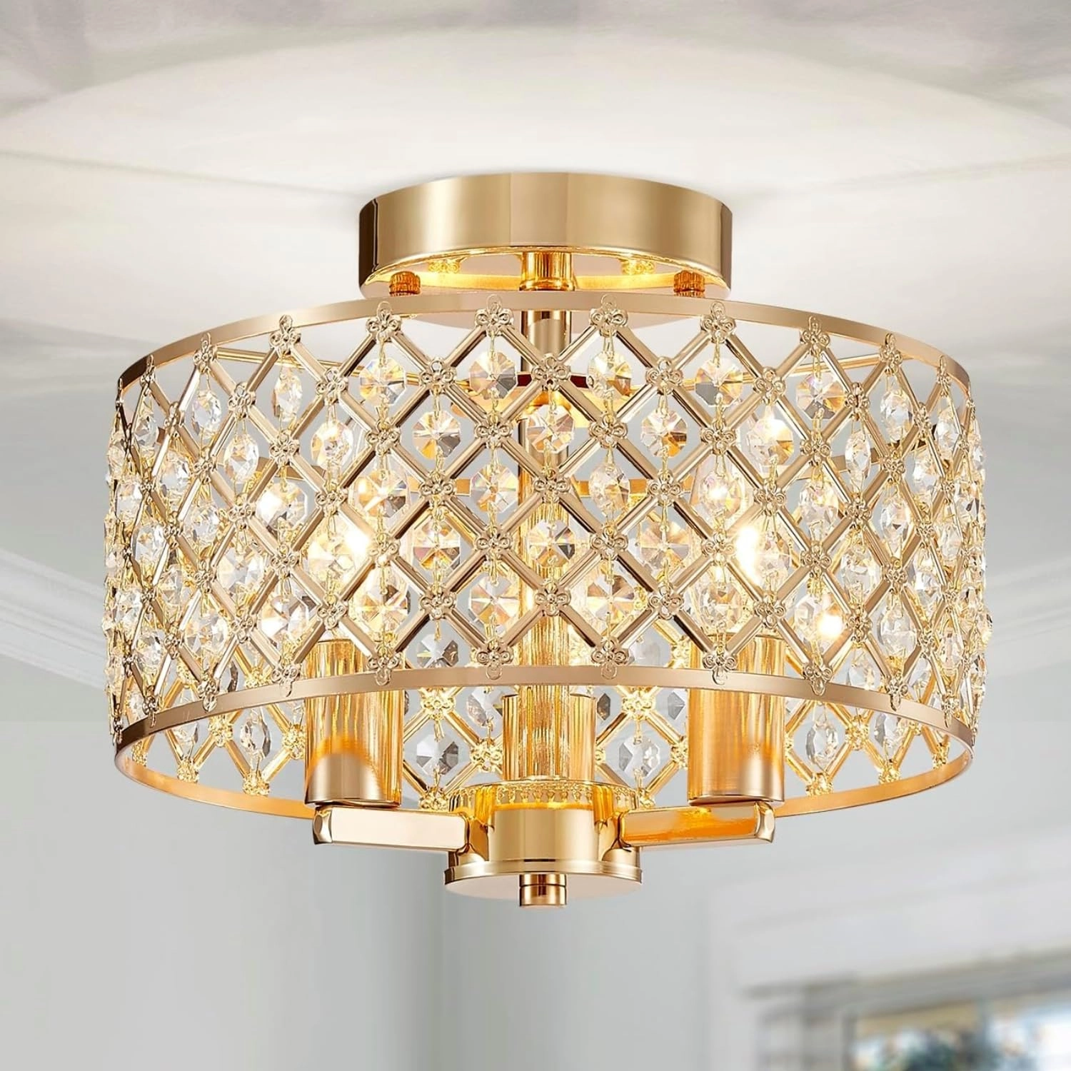 SHRINE LIGHTING Crystal Chandelier - E14 x3 Sockets Diameter 27 x H22 cm Antique Brass Finish