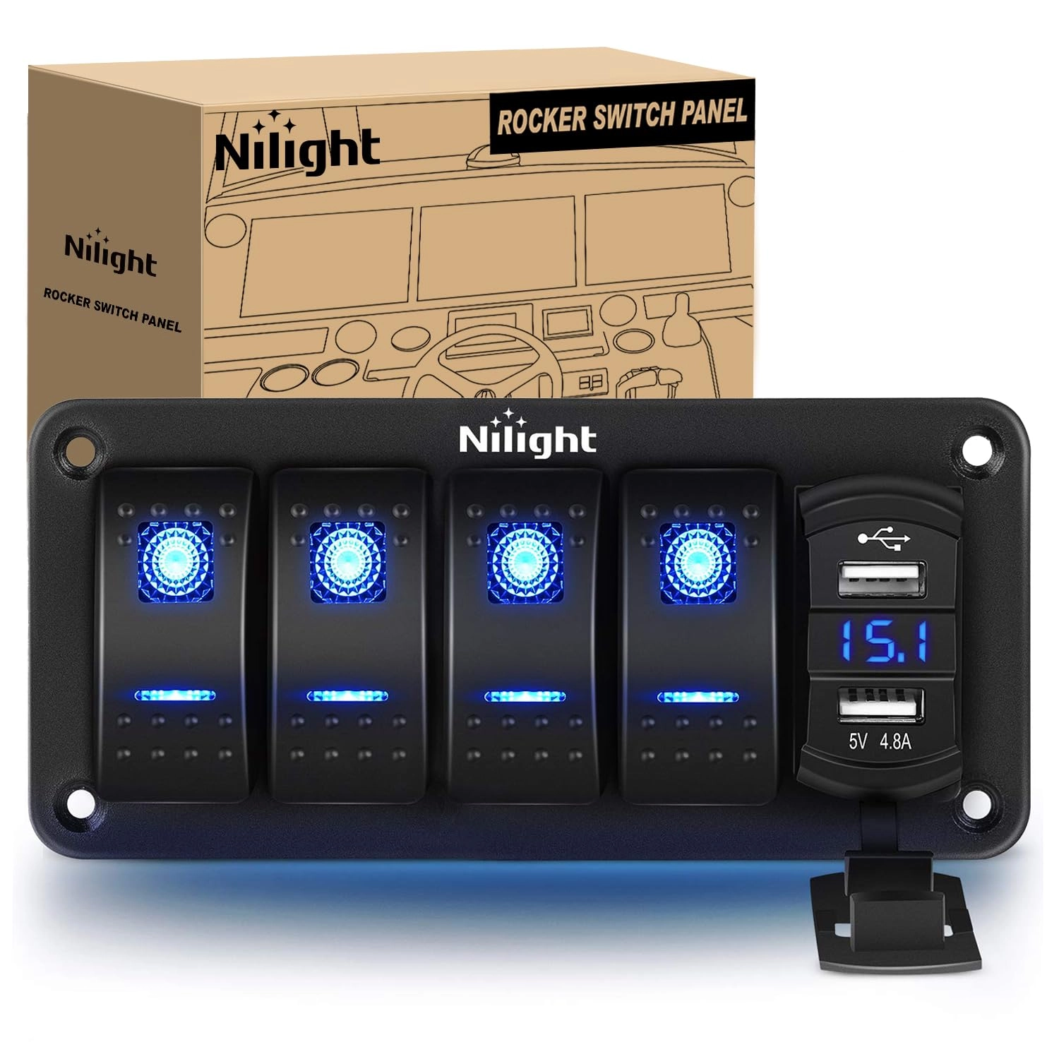 Nilight 4 Gang Rocker Switch Panel - 4.8A Dual USB Charger Voltmeter Waterproof 12V 24V DC