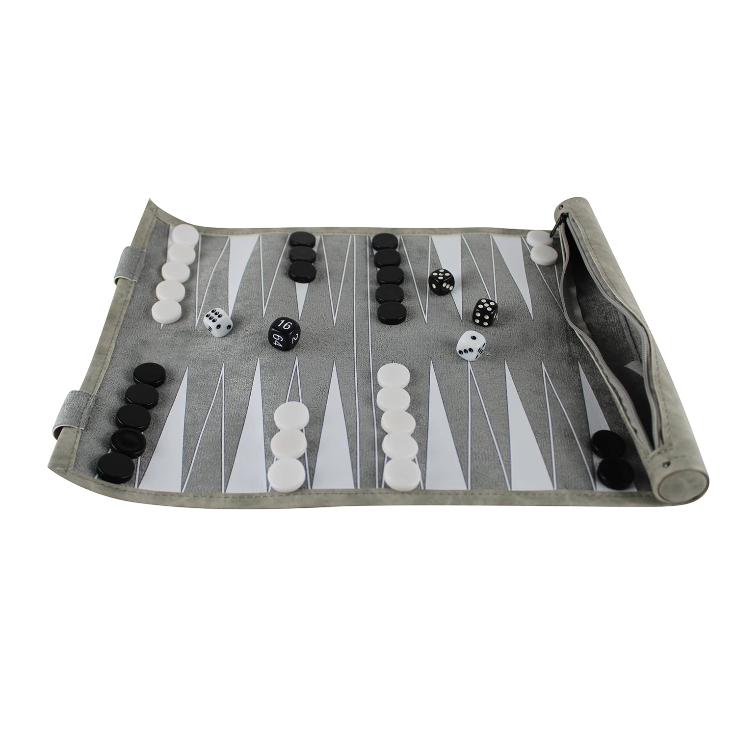 Chessgammon Roll Up Backgammon Set - 13 Inch Grey Faux Leather