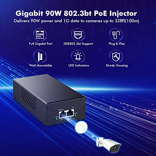 Gigabit PoE Injector - 1 Gigabit Output 90W 20V 802.3af/at/bt 10/100/1000Mbps