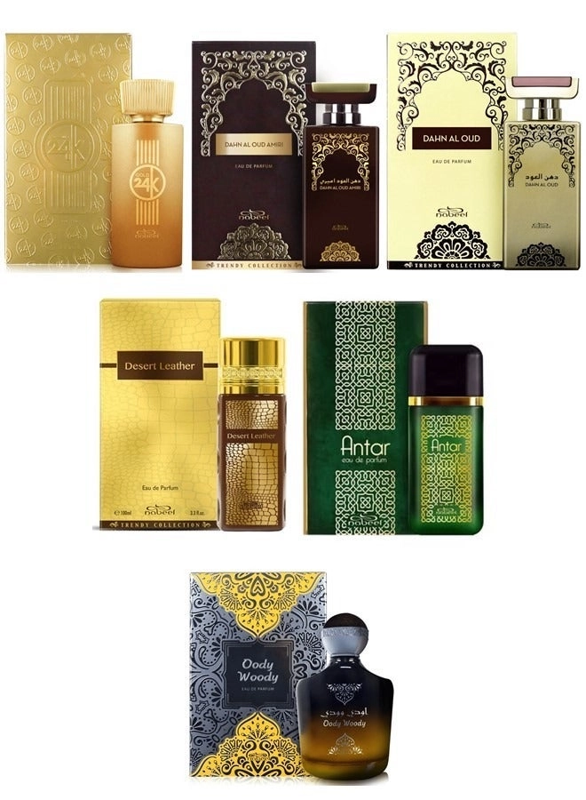 Dahn Al Oud Eau de Parfum 100ml + Dahn Al Oud Amiri Eau de Parfum 100ml + Antar Eau de Parfum 100ml + Gold 24K Eau de Parfum 100ml + Oody Woody Eau de Parfum 100ml + Desert Leather Eau de Parfum 100ml