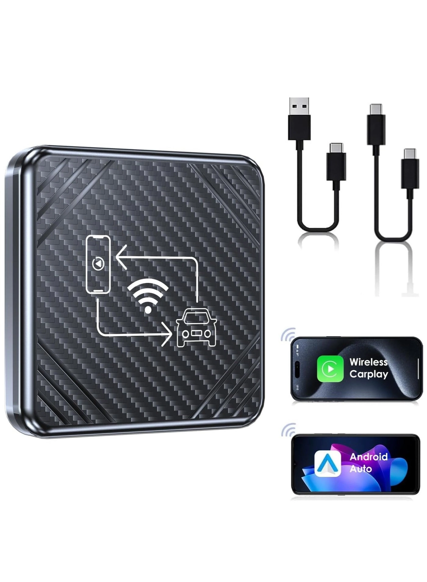 Wireless Carplay Adapter & Android Auto Adapter - 2 in-1 Plug & Play Bluetooth