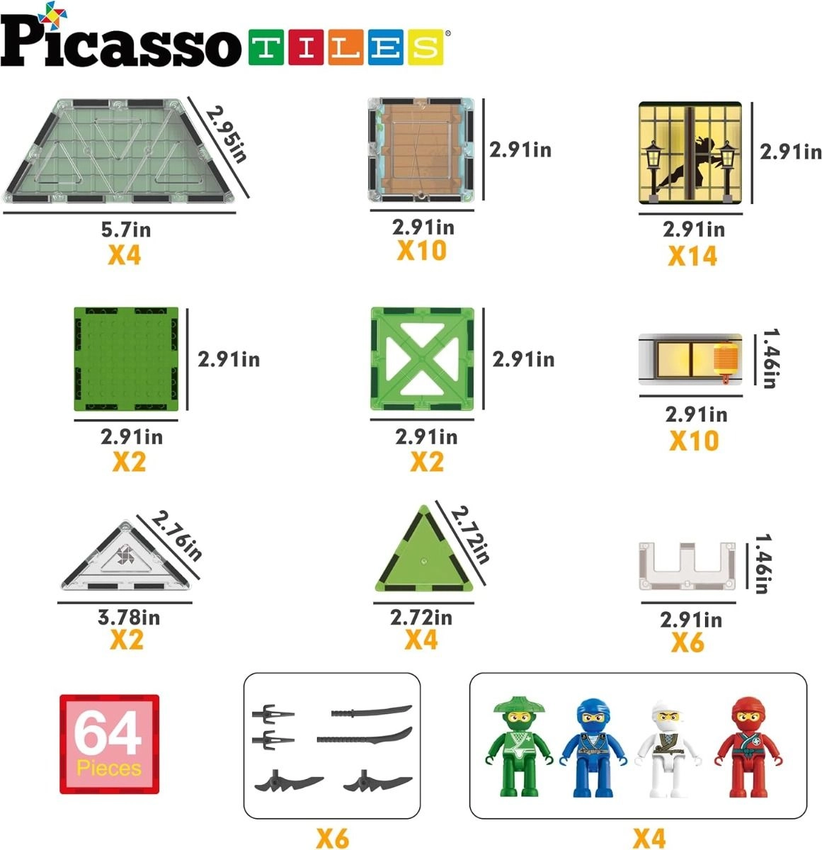 Magnetic Tiles - Ninja Dojo Theme 64pcs