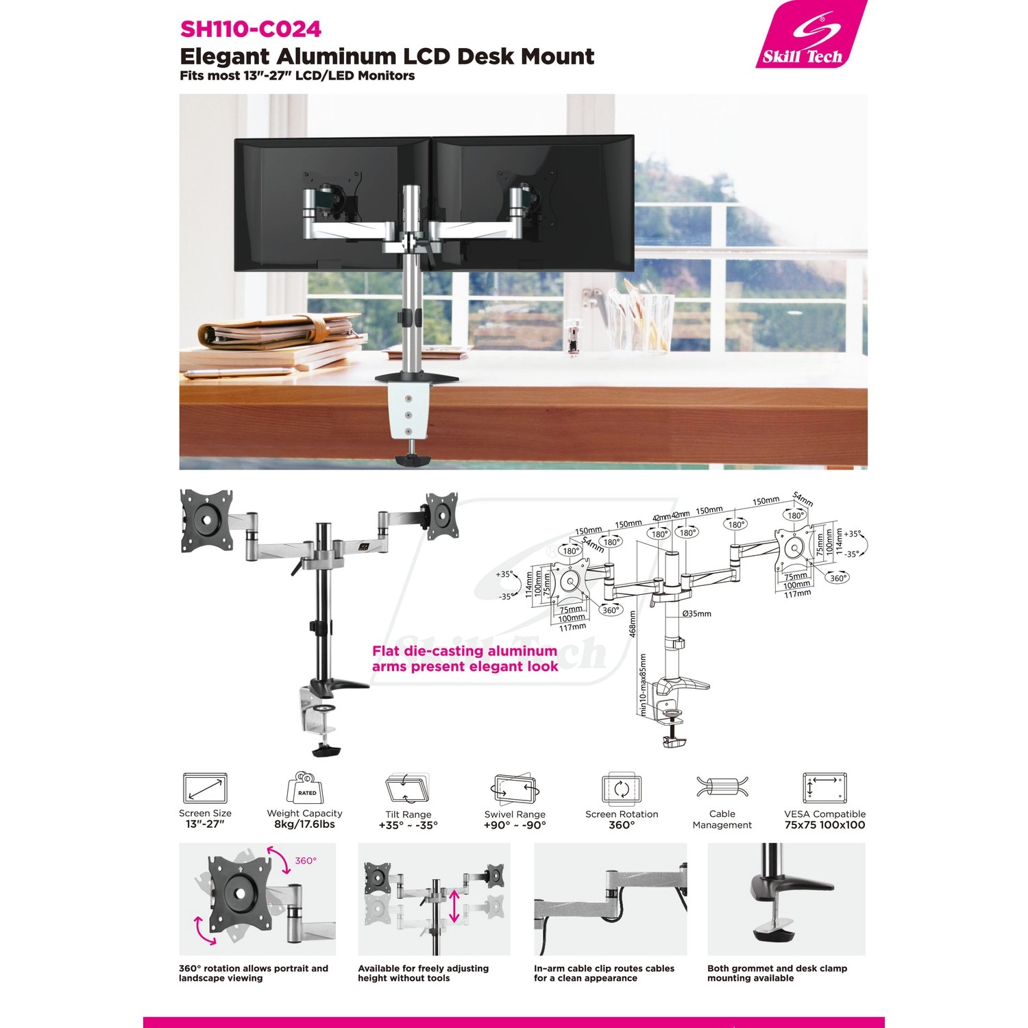 Skill Tech Elegent Aluminium Deskttop Articulating mount - 2 13″-27″ 100x100|75x75