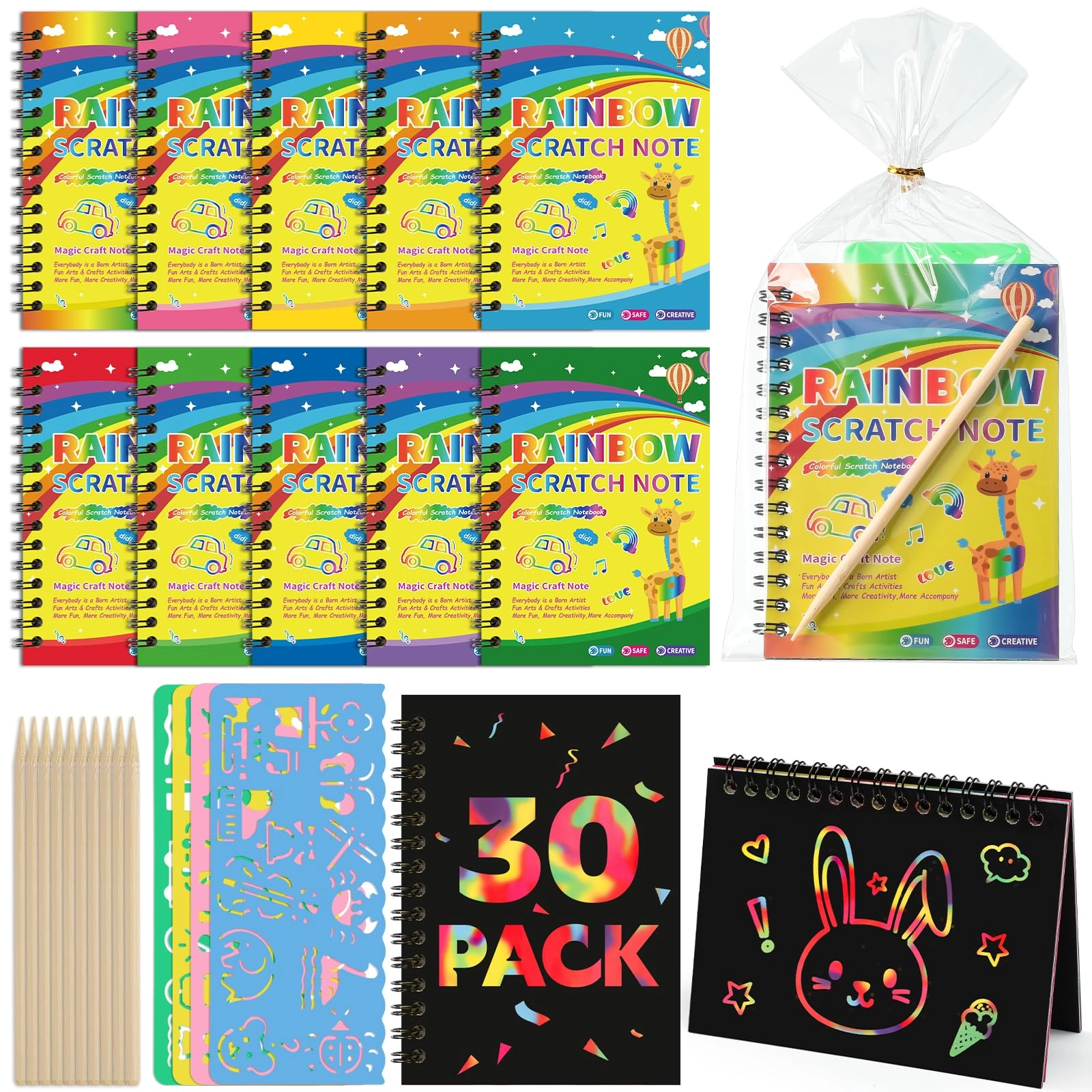 Prudiut Rainbow Scratch Art Notebook - 30 Pack wooden styluses