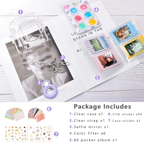 Clear Case - with Strap + Mini Photo Album - 80 Photos + Selfie Mirror + DIY Stickers - x2 + Color Filter - x4