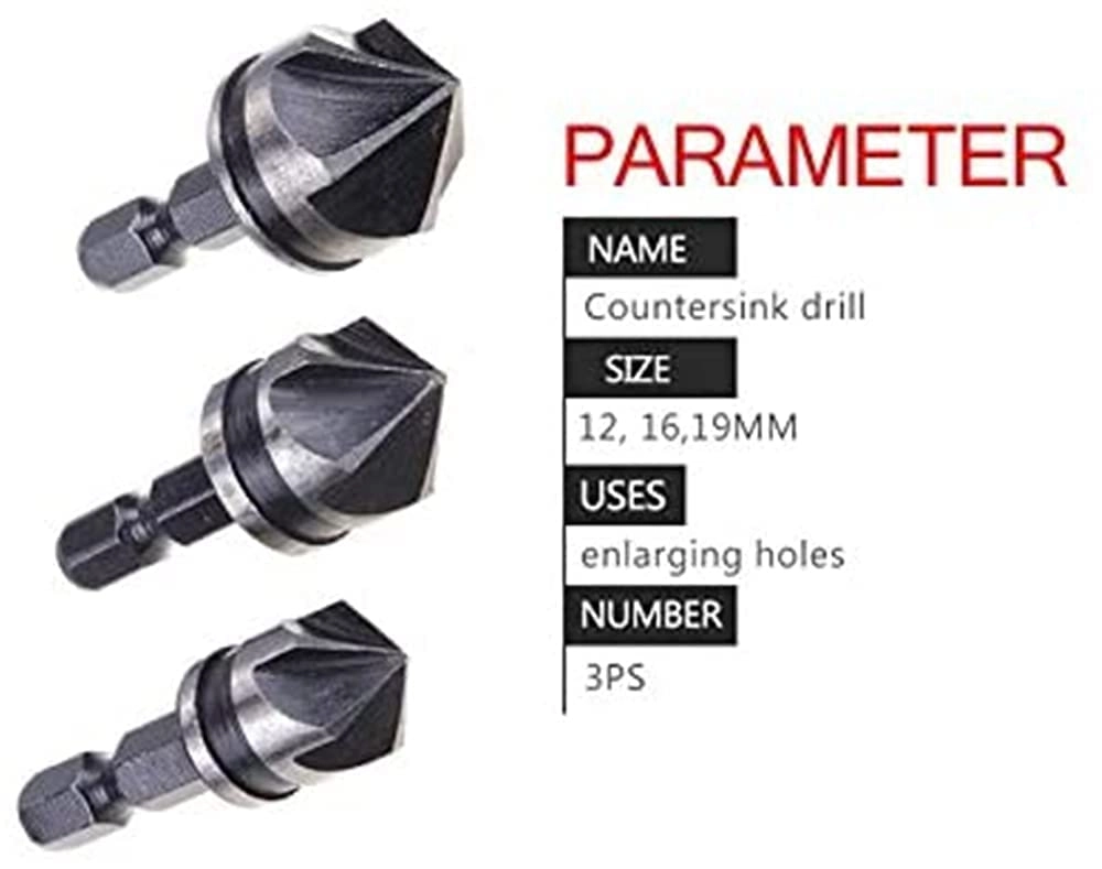 Countersink Chamfer Drill Bit Set - 12mm 16mm 19mm Hex Shank