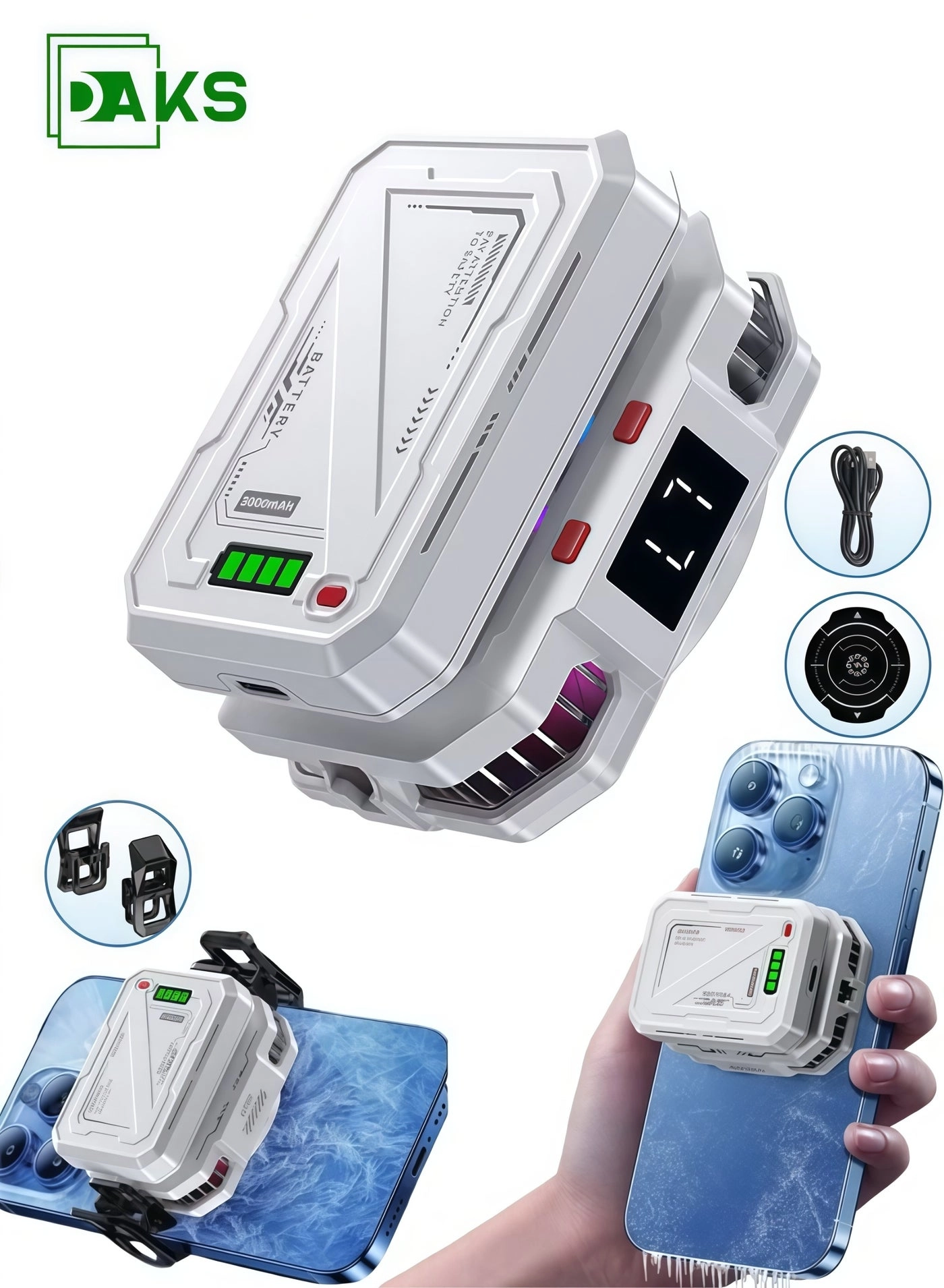 DAKS Magnetic Semiconductor Phone Cooler - RGB Lights 3000mAh Battery iPhone & Android Compatible