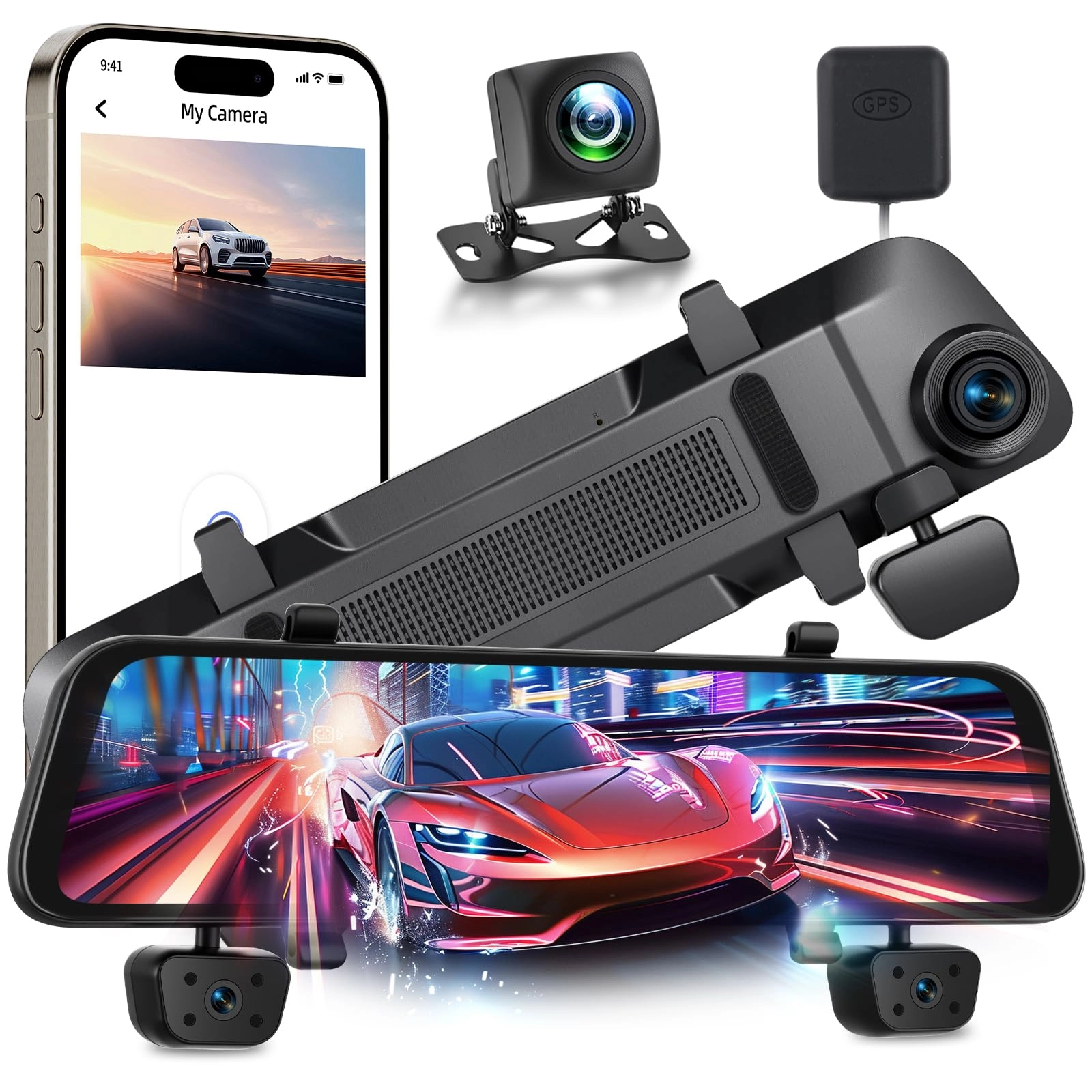 NHOPEEW 4-Channel Rear View Mirror Dash Cam - 1080P