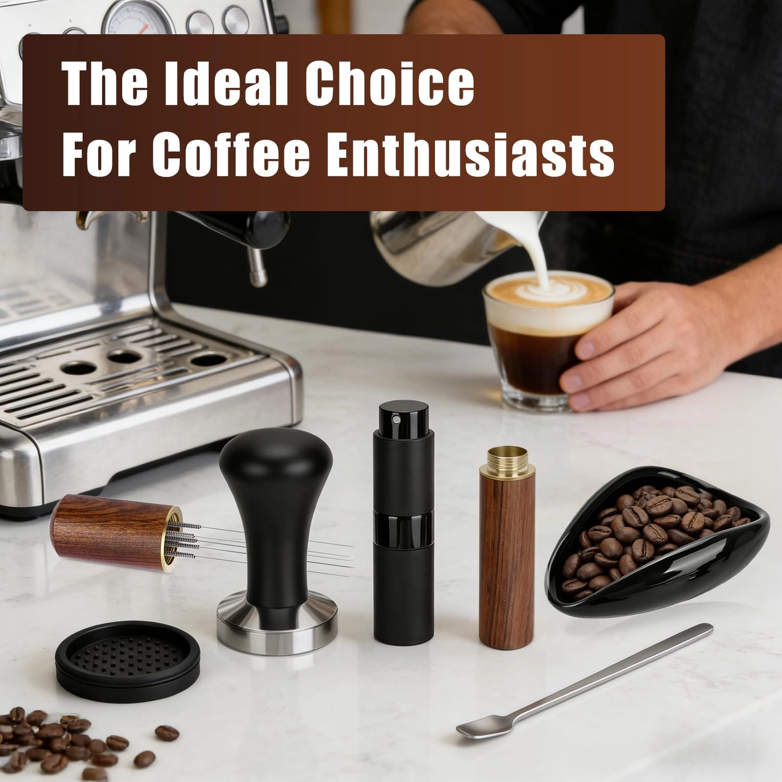 Coffee Tamper - 51mm + WDT Tool + Tamper Mat - Silicone + Spray Bottle - Glass + Stainless Steel Spoon + Coffee Bean Dish - Ceramic