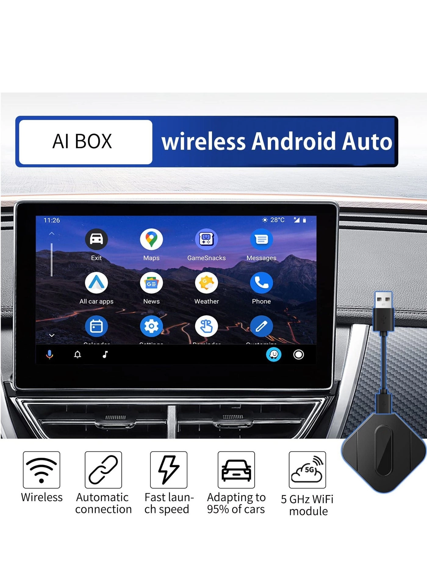 Wireless Android Auto Adapter - Plug and Play 5.8GHz Wi-Fi Bluetooth