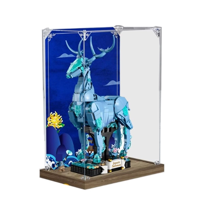 HCAEIOFJ Clear Acrylic Display Case (76414) - Wood Bottom+background 9.84x5.90x13.77in.