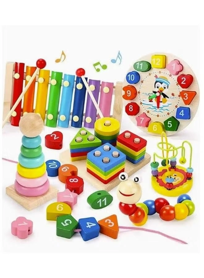 SRLIWHITE Stacking Rings + Xylophone + Clock + Bead Maze + Shape Sorting Puzzle + Caterpillar Musical Toy - 3-6 years