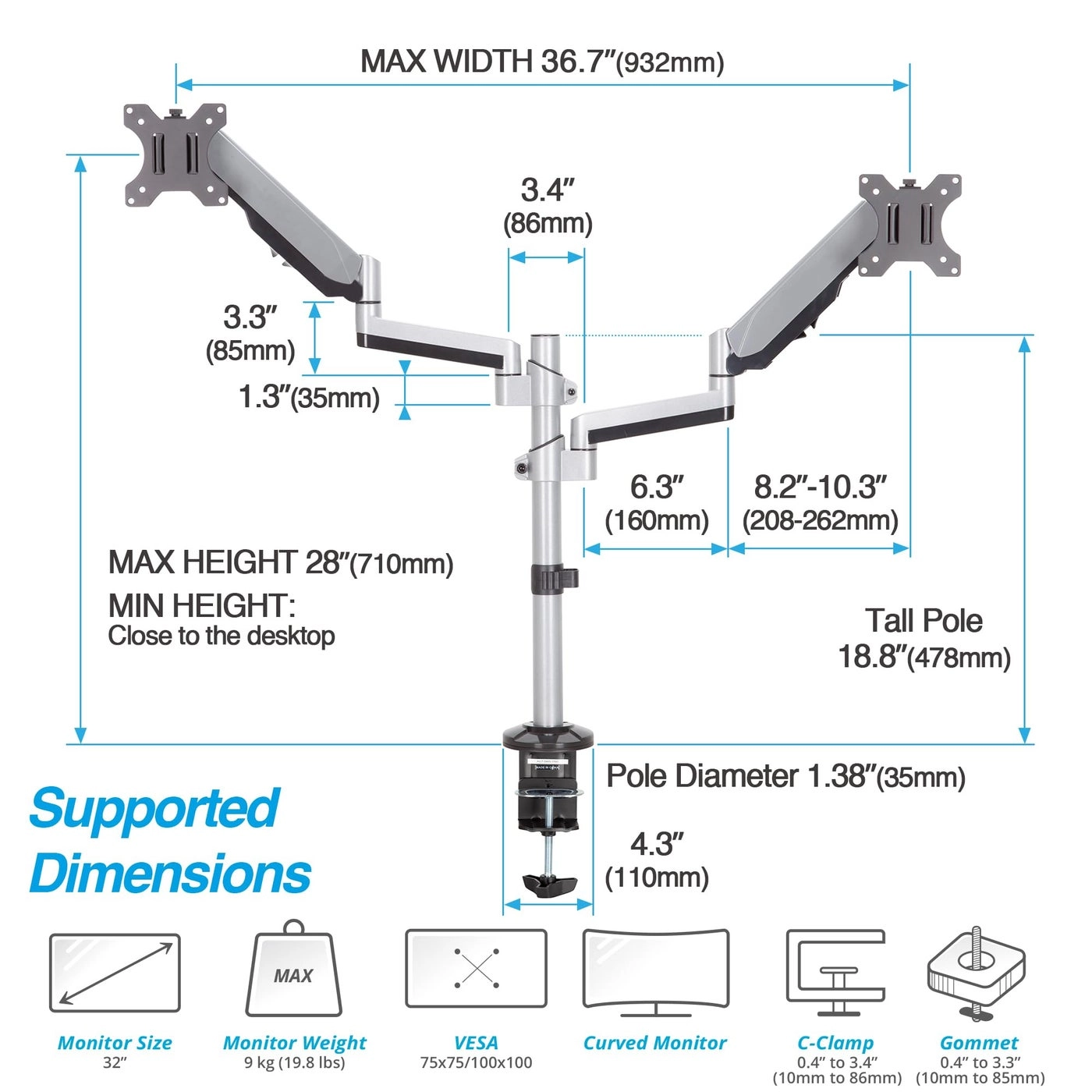 DM29-1 - Dual 17"-32" VESA 75x75mm or 100x100mm