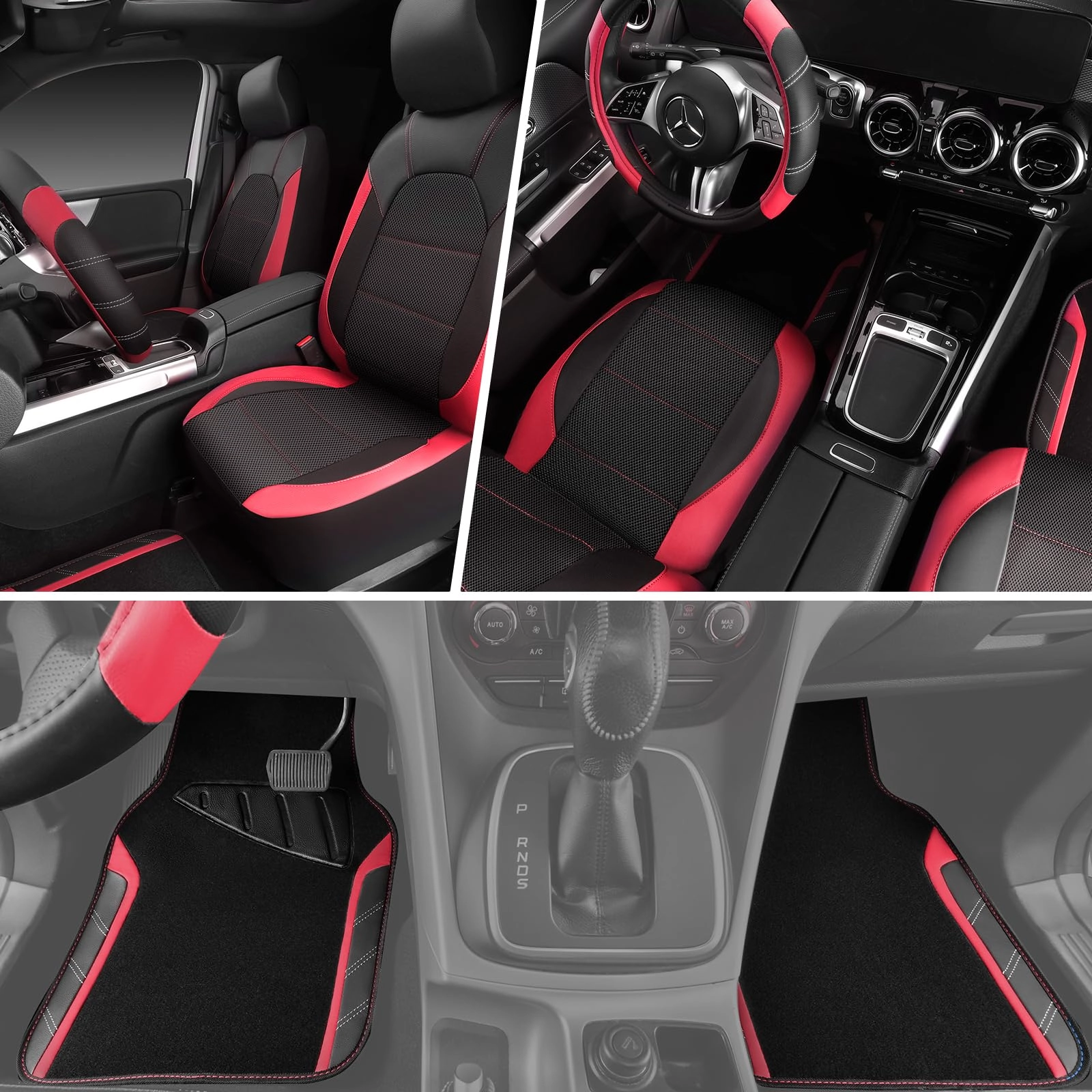 Car Seat Covers - Air Mesh Leather + Car Floor Mats - Waterproof + Steering Wheel Cover - Sporty