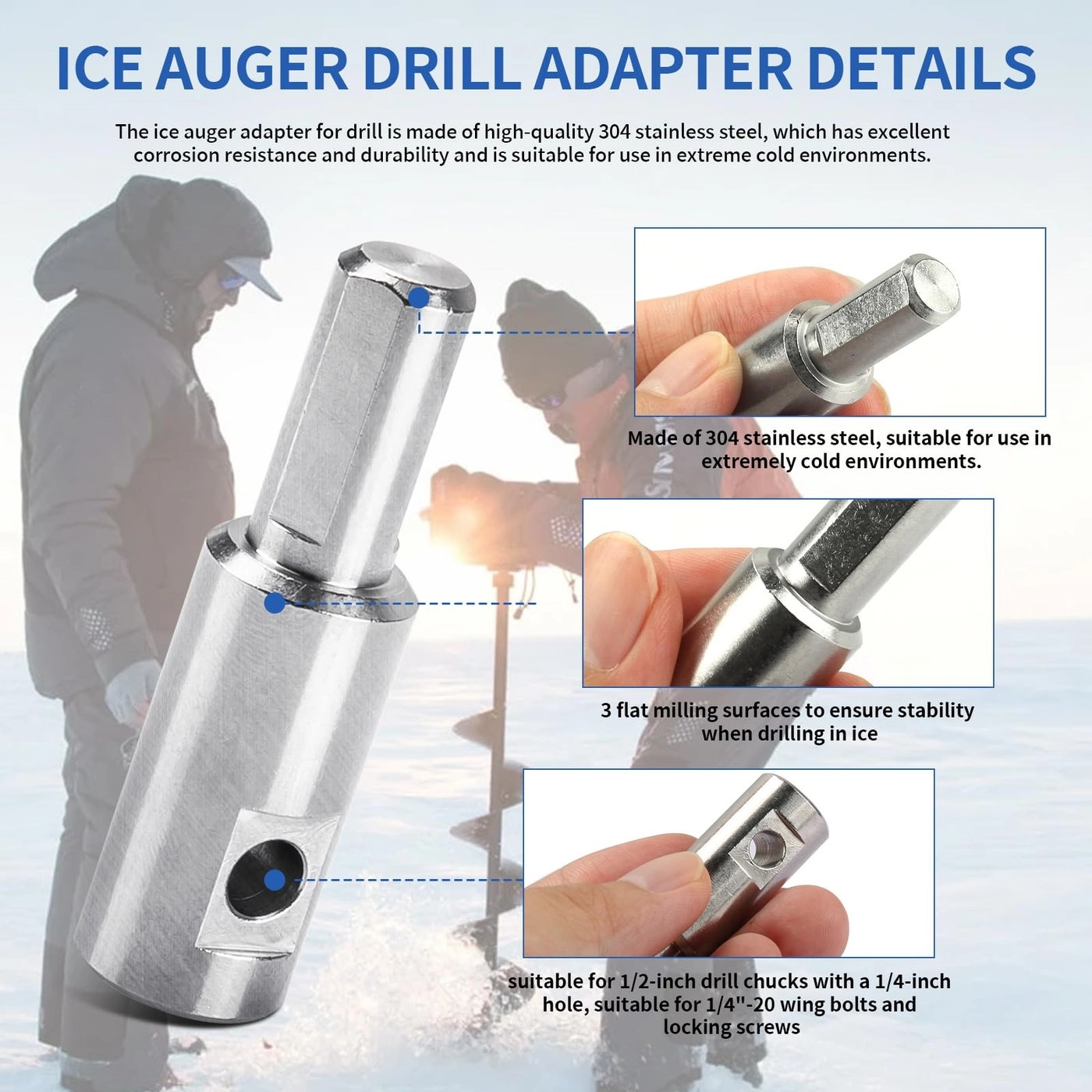 Ice Auger Drill Bit Adapter - Fits 1/2" Plus Drill Chucks 1/4" Hole 1/4"-20 Wing Bolts & Locking Screws