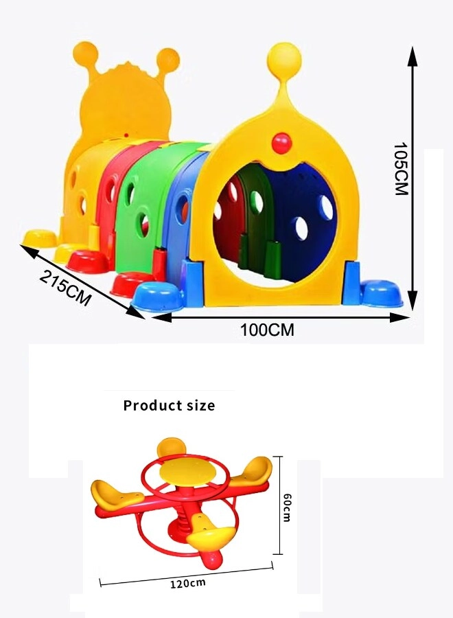 Spring Rider + Round Trampoline - 8FT + Caterpillar Tunnel + Slide and Swing Playground Set + Two Seater Seesaw