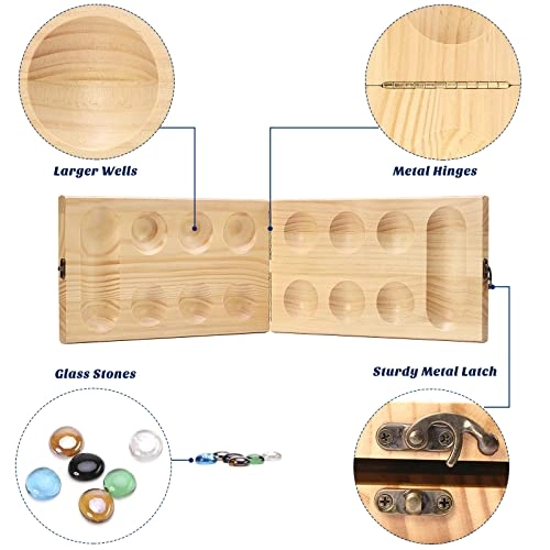 Mancala - Wooden Folding 728 Bonus Multi Color Glass Stones
