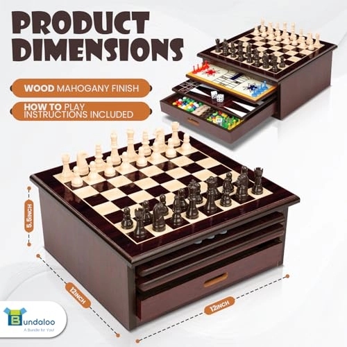 Wooden Board Game Set - 10-in-1 Built-in Storage