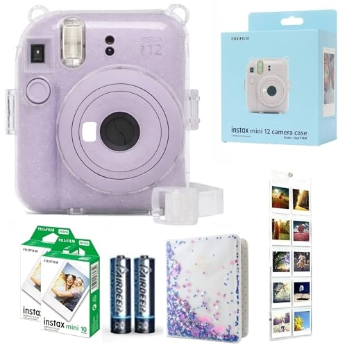 INSTAX Mini 12 + INSTAX Mini Film - 54mm x 86mm + Clear Glitter Protective Camera Case + Mini Photo Album - 64-Pocket + Hanging Wall Photo Display