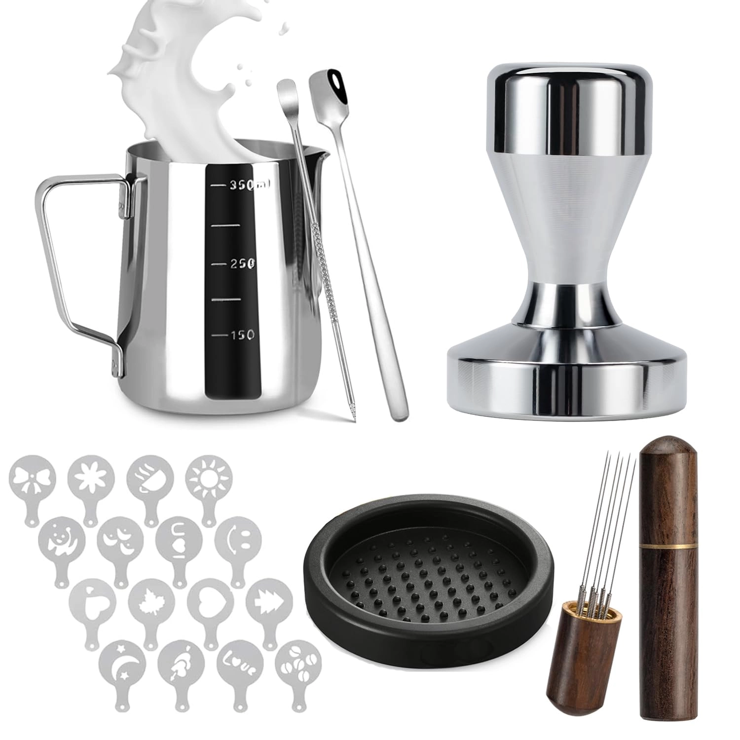 WIWU Coffee Tamper - 51mm + Tamper Mat + Milk Frother Jug - Stainless Steel + WDT Tool - 316 + Espresso Spoon + Latte Art Pen + Cappuccino Stencils - 16-Piece