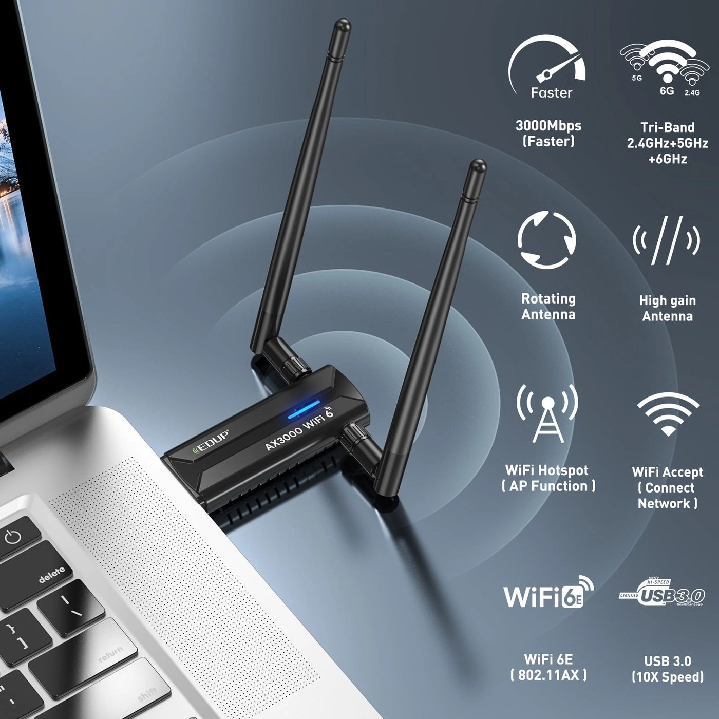 AX3000M - 6GHz/5GHz/2.4GHz USB 3.0 WiFi