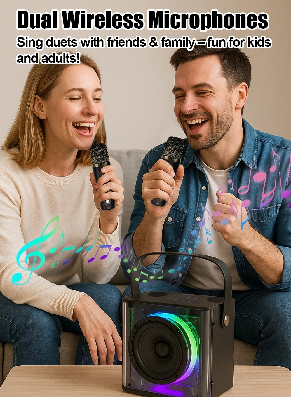 Portable Karaoke Machine - 2 wireless Bluetooth microphones