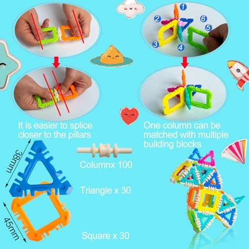 Montessori Building Blocks - 30pcs squares 30pcs triangles 100pcs connecting rods