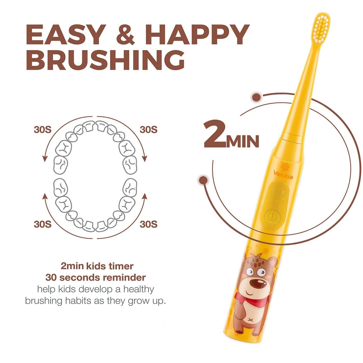Sonic Rechargeable Kids Electric Toothbrush - 3 Modes 24000 Strokes IPX7 Waterproof