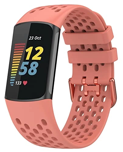Watch Band for Fitbit Charge 5 - Silicone Stainless Steel Buckle Coral Red