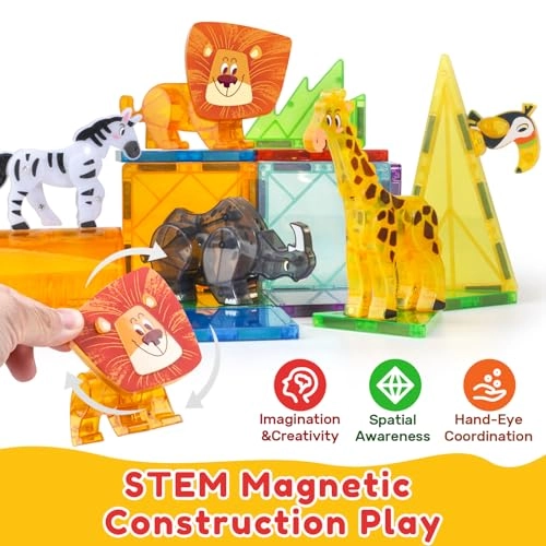 Safari Animal Magnet Tiles - Lion Giraffe Zebra Rhino Hornbird 5 pcs