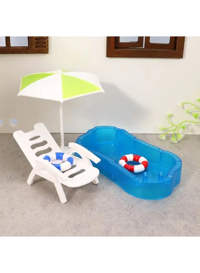 Generic Miniature Dollhouse Swimming Pool Set - Green Beach Chairs Palm Trees