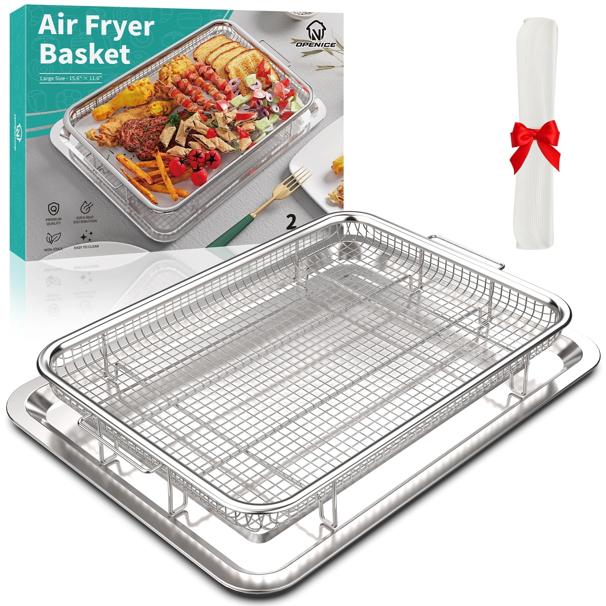 OPENICE Air Fryer Basket - Stainless Steel + Pan + Parchment Papers - 30PCS