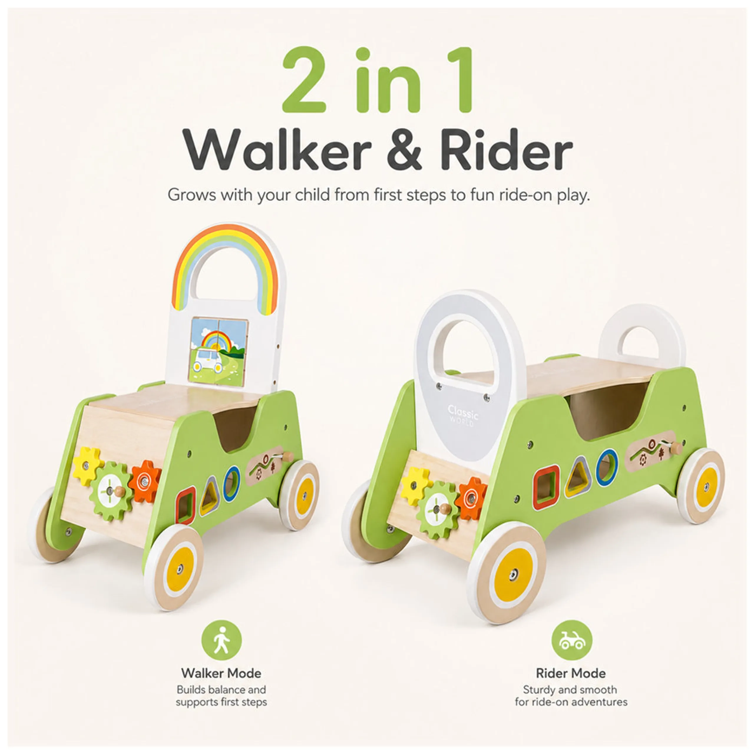 Wooden Rider And Baby Walker - 2-In-1
