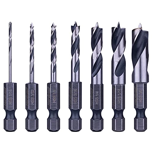 NordWolf HSS Brad Point Stubby Wood Drill Bit Set - 7-Piece 1/16"-3/32"-1/8"-3/16"-1/4"-5/16"-3/8"
