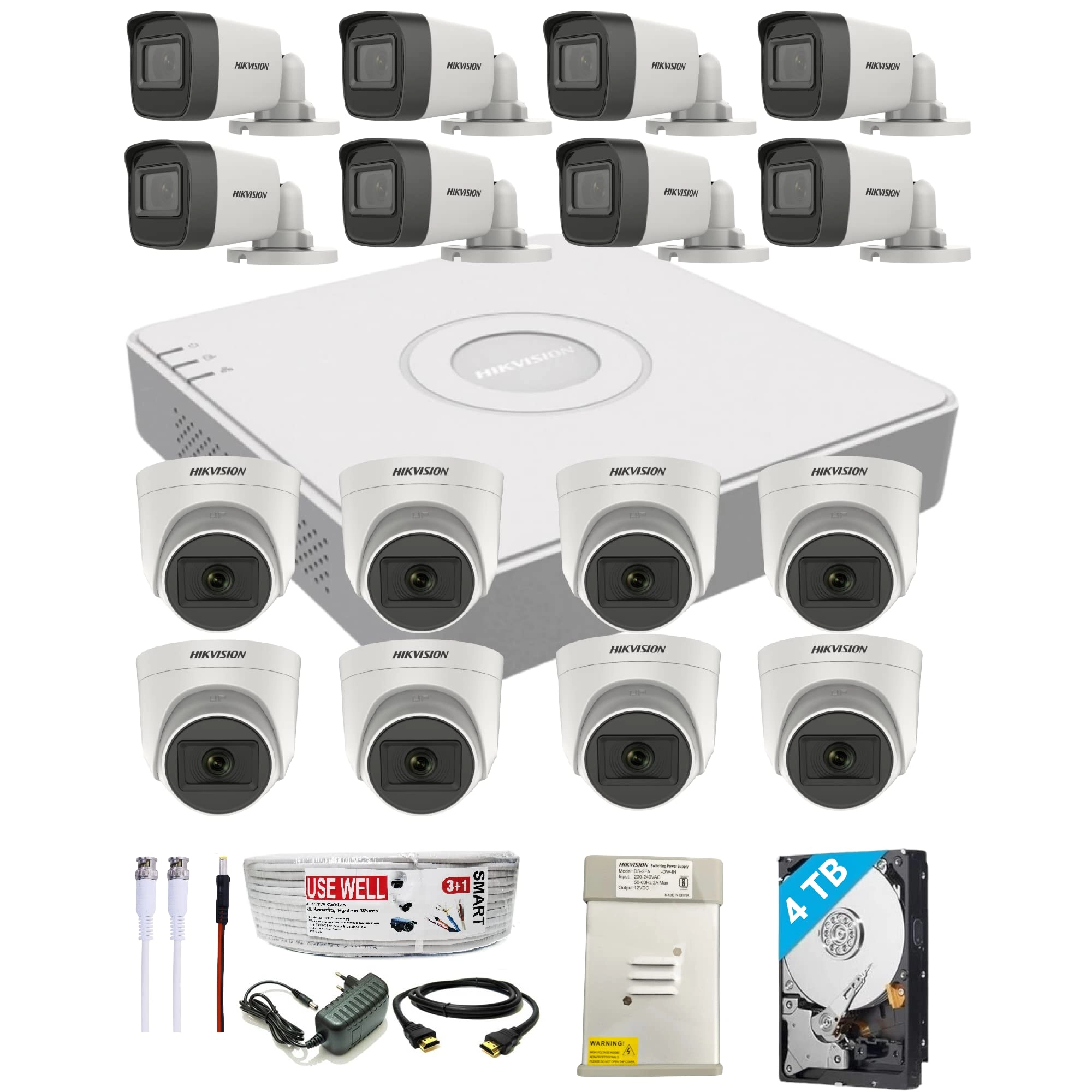 Prama Hikvision India 16 Channel DVR + 8 Bullet 8 Dome Cameras + HDD - 4 TB + 3+1 Cable Roll + 16 CH Power Supply + BNC & DC