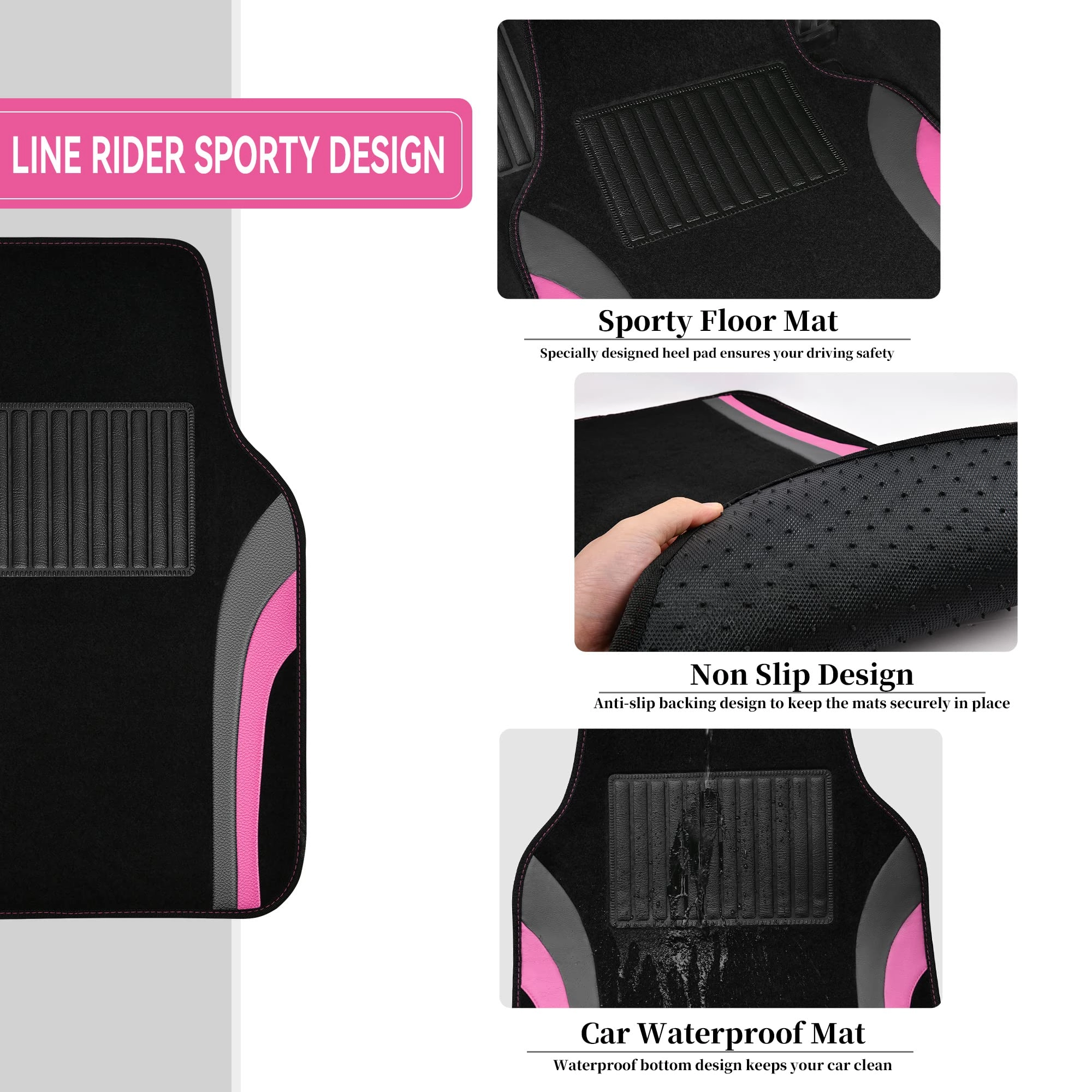 Universal Fit Car Floor Mats - Set of 4pcs Black and Burgundy