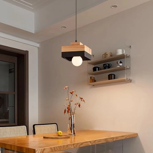 Vintage E27 Square Wood Pendant Light