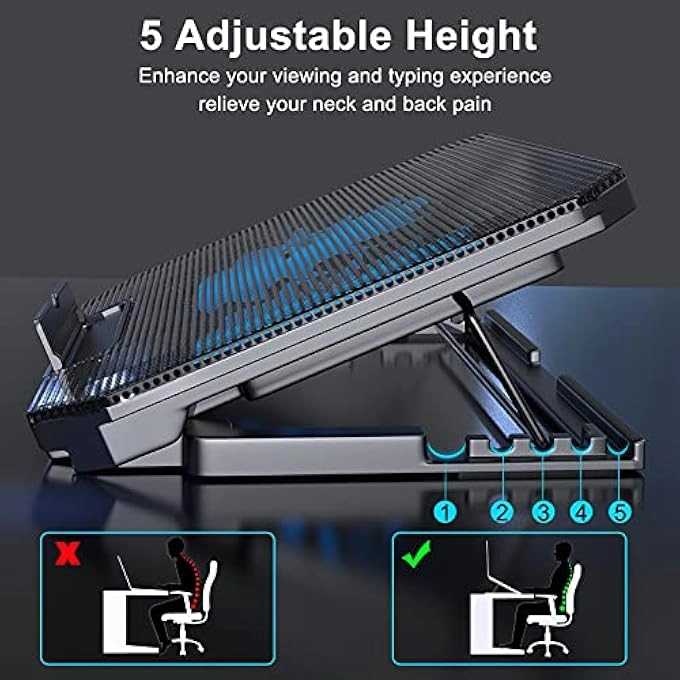 Laptop Cooling Pad Stand - Quiet Fan Height Adjustable USB Interfaces