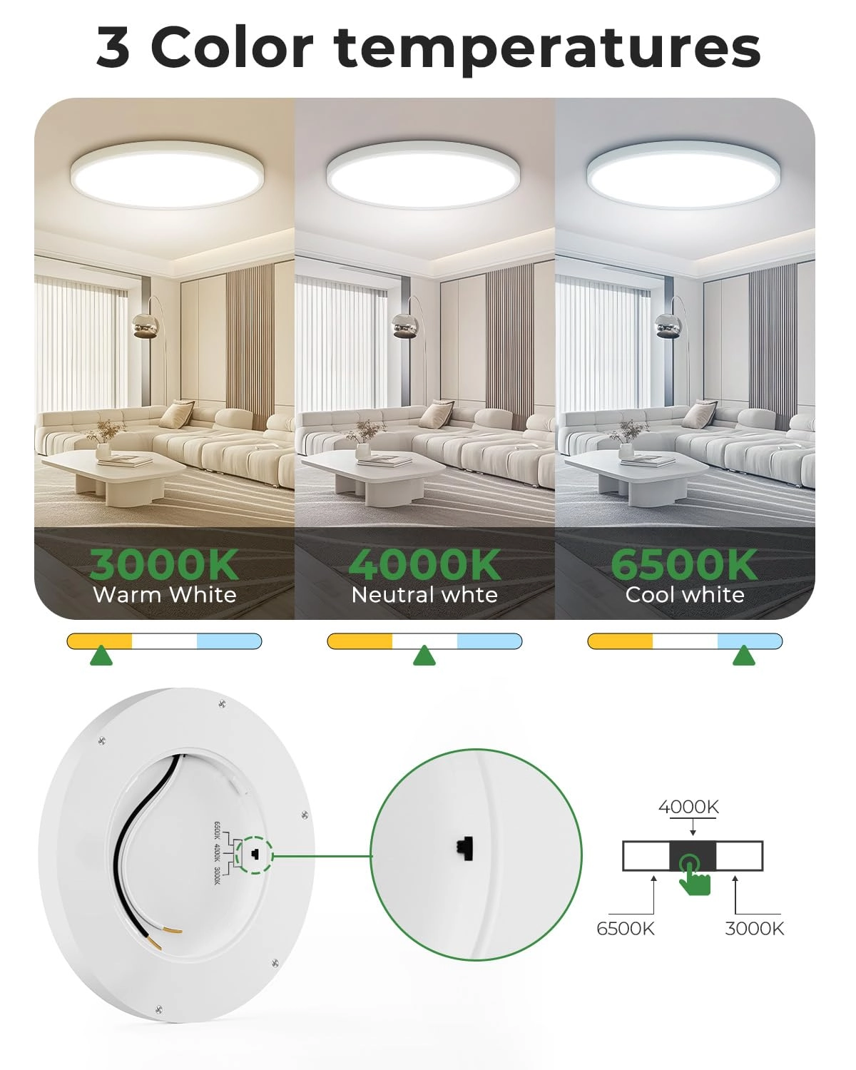 Flush Mount LED Ceiling Light - 3000K 4500K 6000K Dimmable