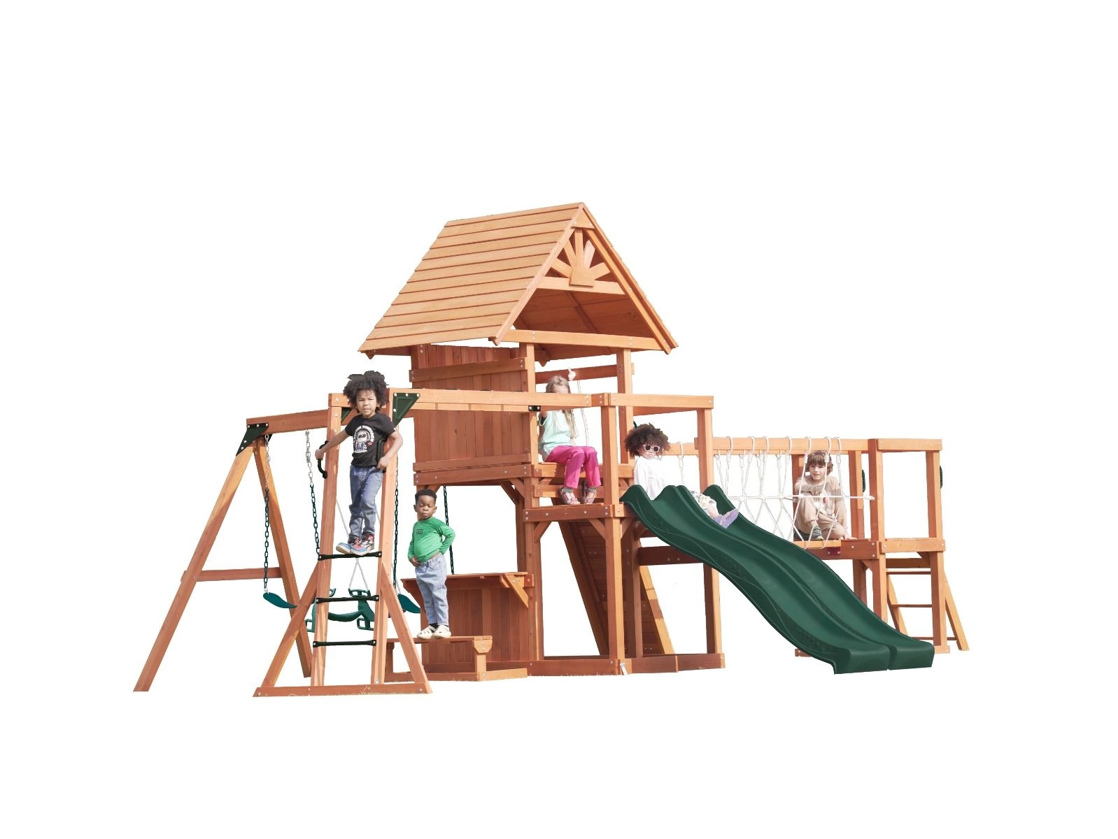 Double Decker Everest Swing Set - wooden roof 660 x 665 x 332 cm