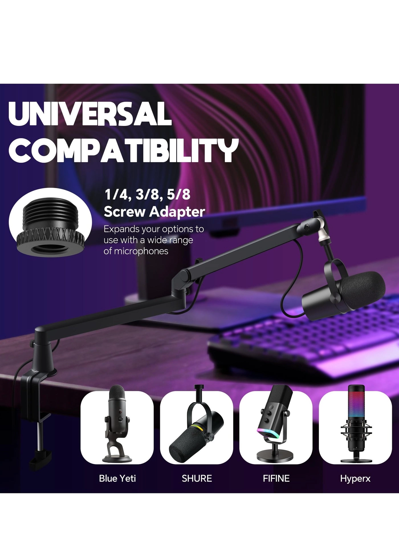Microphone Boom Arm - Low Profile 360° Rotation Cable Management
