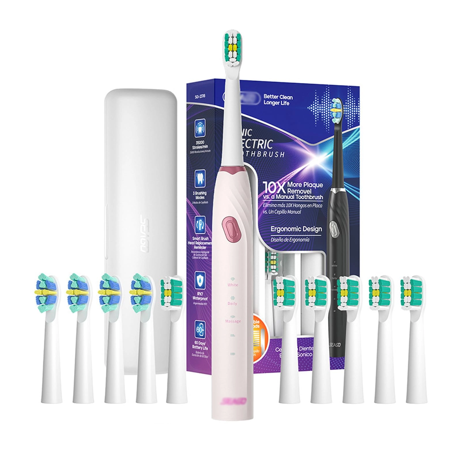Electric Toothbrush - 3 Modes 2-Minute Timer 10 Brush Heads
