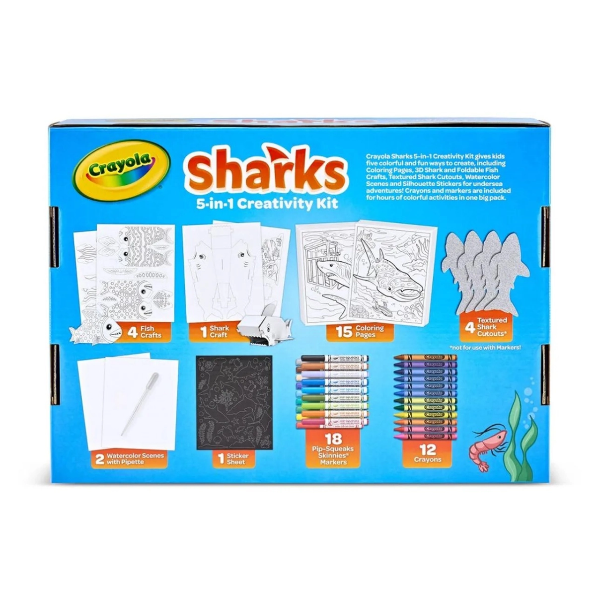 Sharks 5-in-1 Creativity Kit - 12 Crayons 18 Pip-Squeaks Skinnies