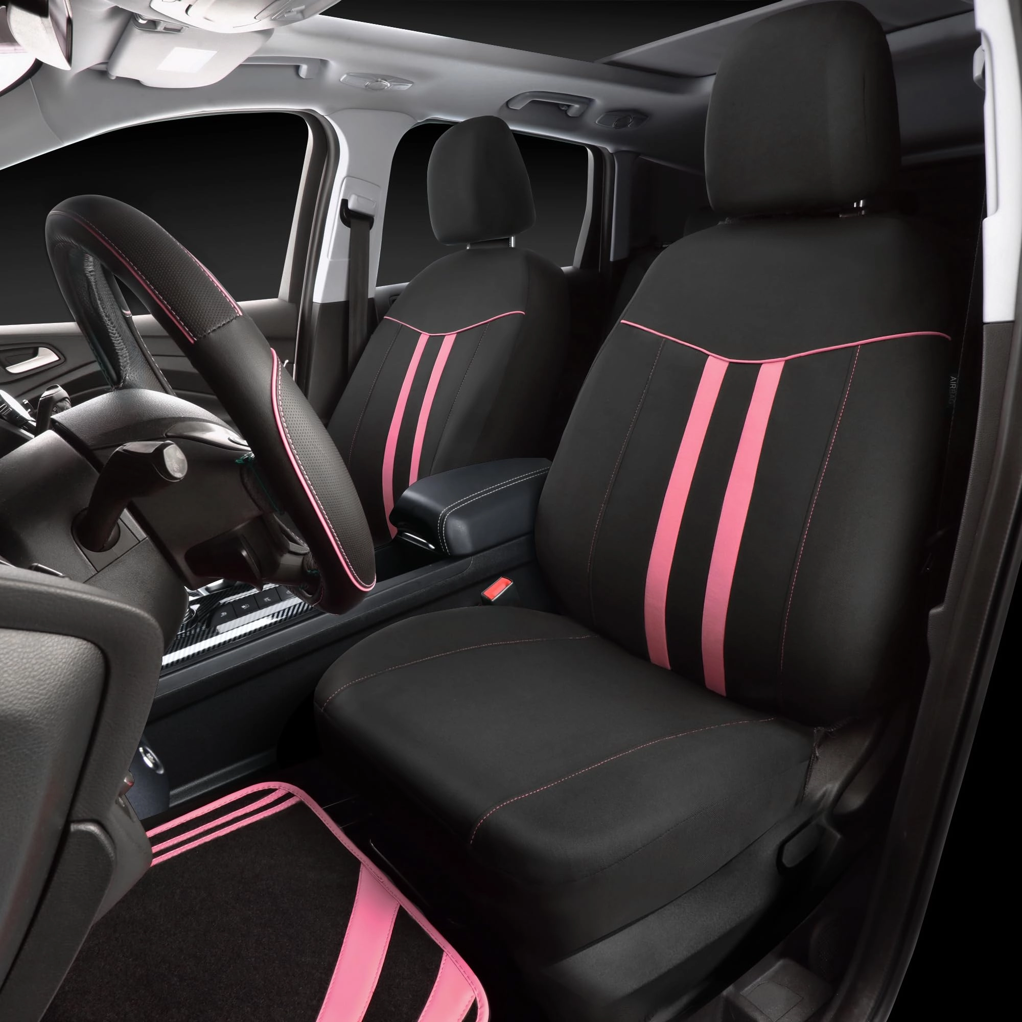 Car Seat Covers - Air Mesh Leather + Car Floor Mats - Waterproof + Steering Wheel Cover - Sporty