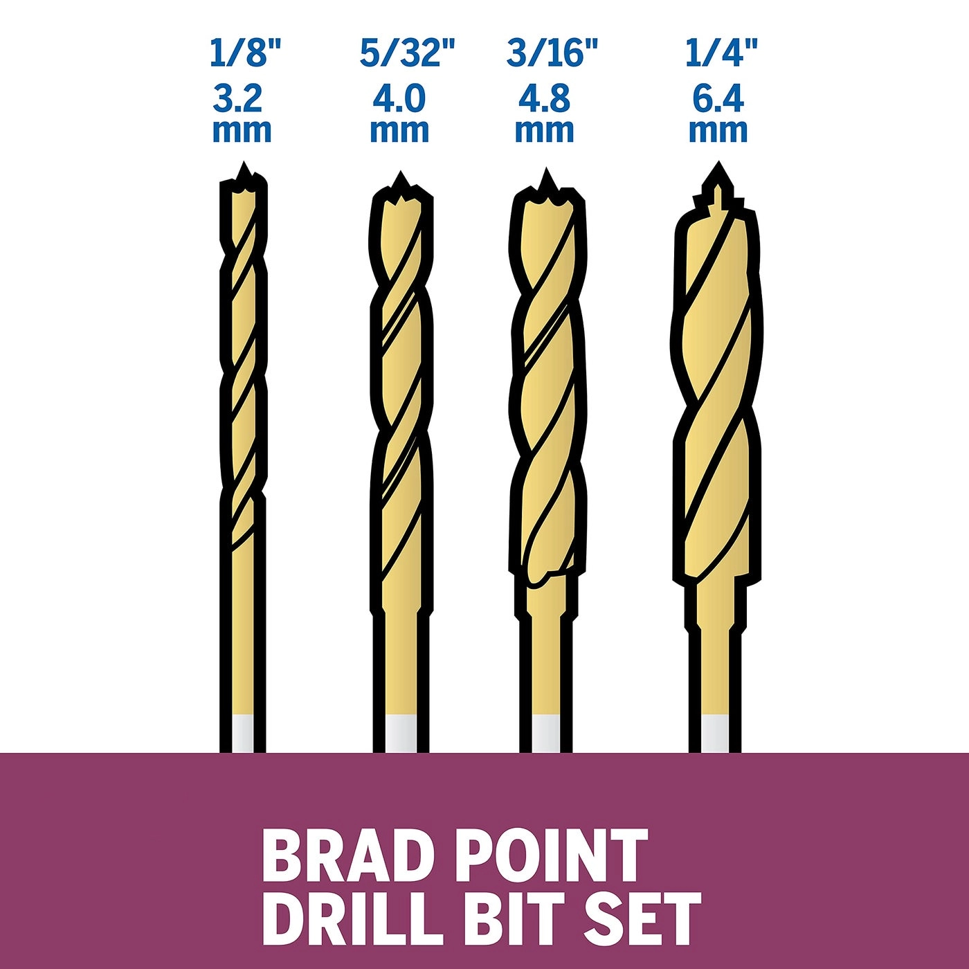 631 Brad Point Bits - Titanium coated 4 Pieces 1/8" 5/32" 3/16" 1/4"